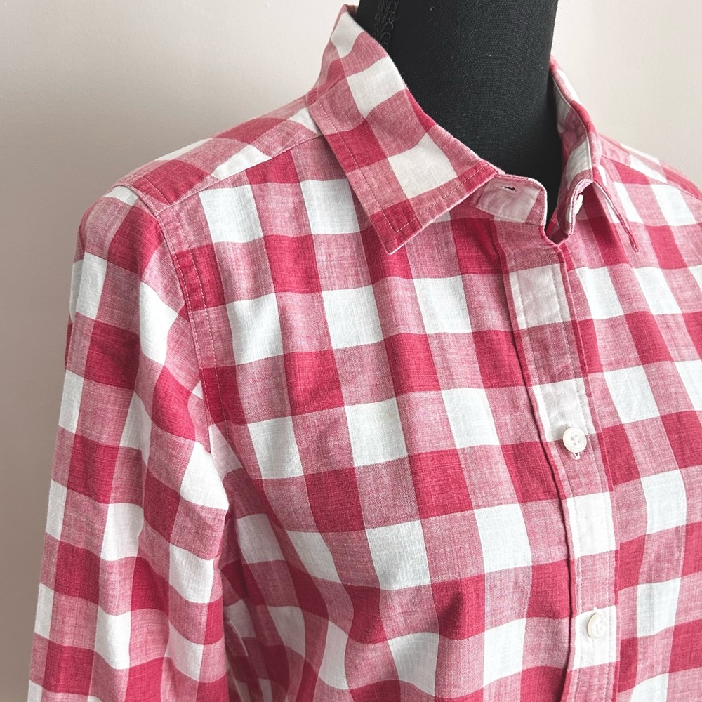 Pendleton coral pink and white checkered button-up poplin shirt